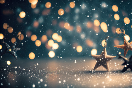 Defocus Christmas stars lights with falling snow, snowflakes, Winter and new year holidays. copyspace.の写真素材