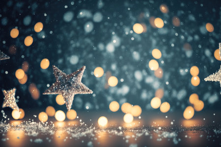 Defocus Christmas stars lights with falling snow, snowflakes, Winter and new year holidays....