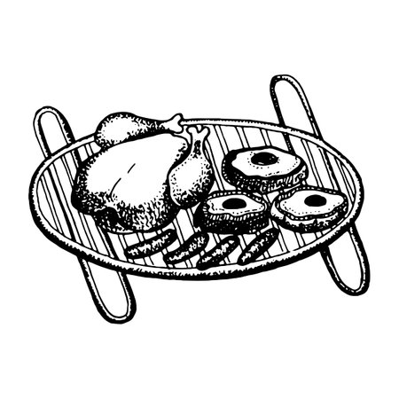Hand drawn vector illustration of chicken, steaks and sausages on the grillのイラスト素材