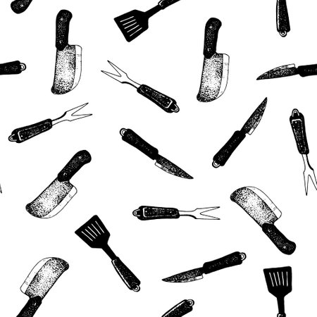 Hand drawn seamless pattern of a set of kitchen appliances for barbecue. knife, two-pronged fork, cleaver, kitchen spatulaのイラスト素材