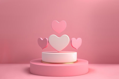 Pink podium with flying hearts. The concept of wedding and Valentine's day. 3d renderingの写真素材