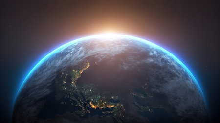 planet earth from space sunrise. 3d renderingの写真素材
