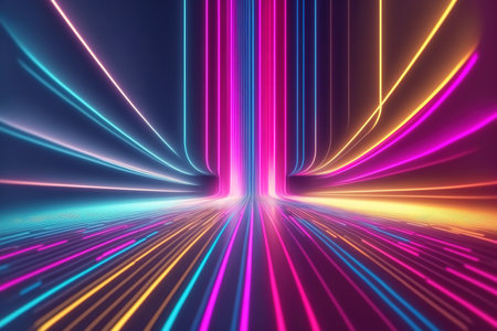 3d render, abstract colorful background, bright neon rays and glowing lines. pink yellow blue creative wallpaperの写真素材