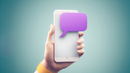 hand holding mobile with speech bubble notification icon website banner ecommerce business icon onlineの写真素材
