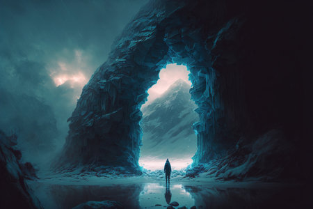 Cold blue northern landscape on an ice arch. concept art digital illustration.の写真素材