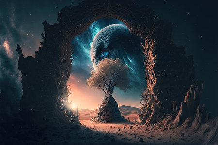 A surreal alien landscape with a tree in the center against a beautiful sky.の写真素材
