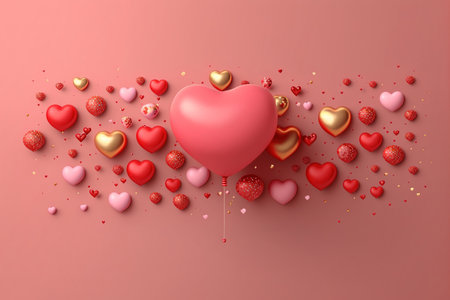 Happy valentines day decoration with heart shape balloon and confetti. 3D rendering illustration.の写真素材