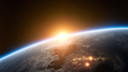 Beautiful view from space of the Sun rising over Planet Earth. 3d renderingの写真素材