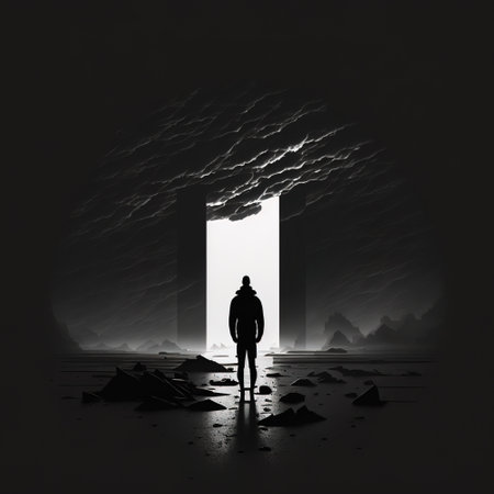 Rear view of a man in the dark, looking at a huge portal with white light