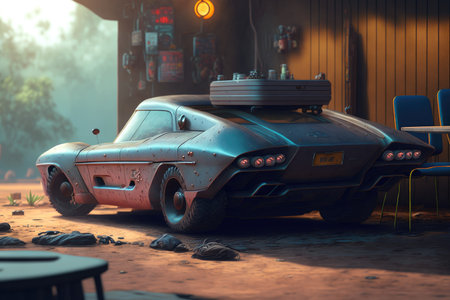 Concept art of a car standing in a garage, cyberpunkの写真素材