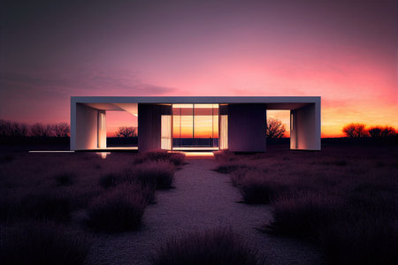 The exterior of the house that stands in the middle of the field, late evening, minimalist architecture.の写真素材