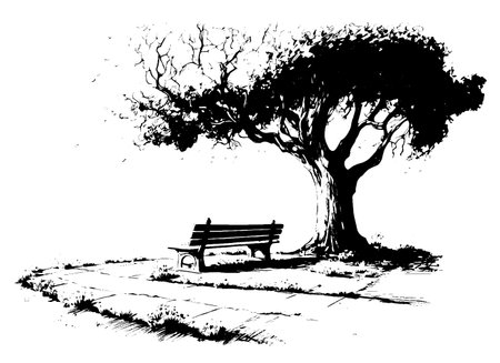 park hand drawn sketch. wooden bench under the treeのイラスト素材