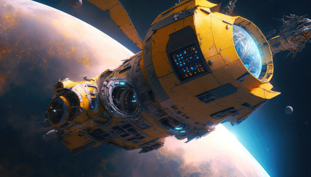 a spaceship that flies into the depths of space on a mission to explore new worlds and galaxies. Stars, planets and galaxies are visible in the background.の写真素材