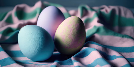 A moody, atmospheric still life featuring pastel-colored Easter eggs on a fabric backgroundの写真素材