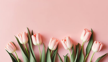 A lovely arrangement of spring flowers including pink tulips, on a soft pink background, suitable for special occasions such as Valentine's Day, Easter, birthdays, and Mother's Day, captured in a top-down flat lay shot with ample copy spaceの写真素材