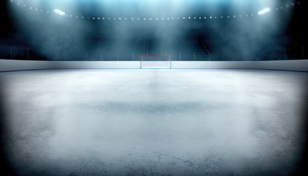 An unoccupied ice hockey arena, ready for the game to be played on the rinkの写真素材