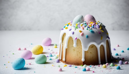 An icing sugar coated Easter kulich on a white concrete background with little colored eggs.