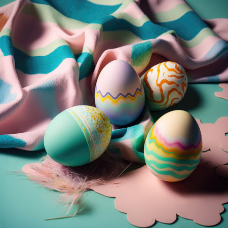 A visually appealing composition featuring artistic Easter eggs in vivid colors against a soft pastel fabric backgroundの写真素材
