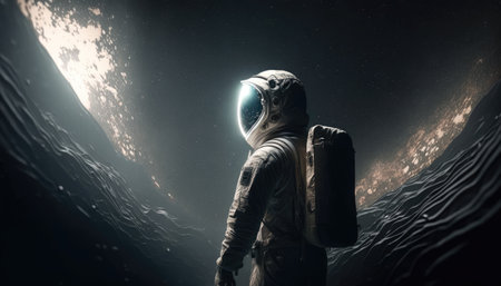 a space traveler who goes on a distant space mission. Stars, planets and other cosmic bodies are visible around it. He moves in his spaceship, which is equipped with advanced technology and everything you need to survive in space.の写真素材