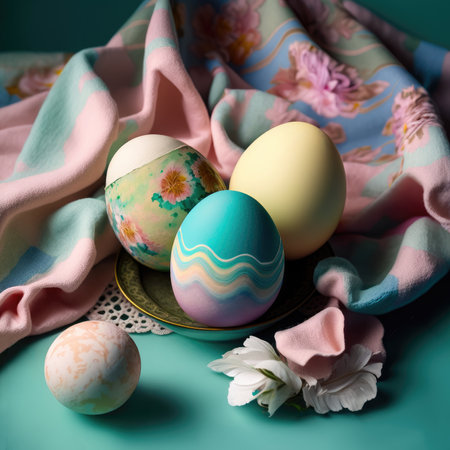 A visually appealing composition featuring artistic Easter eggs in vivid colors against a soft pastel fabric backgroundの写真素材