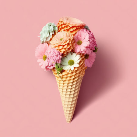 A waffle cone with a lovely bouquet of flowers on a pink backgroundの写真素材