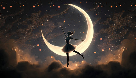 Against the crescent moon, a ballerina dances alongside firefliesの写真素材