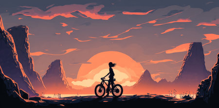 A child on a bicycle is depicted in the mountains during the eveningの写真素材