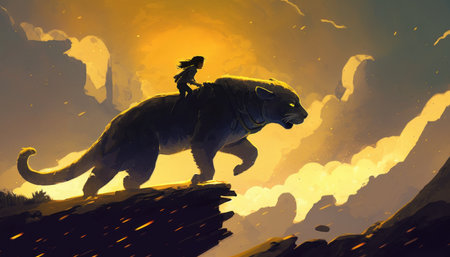 A child rides a panther in the mountains while yellow beams shine in the sky in the digital art style of an illustrated painting.の写真素材