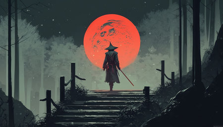 A samurai is standing on a stairway in a forest at night, with a red moon in the background.の写真素材