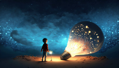 A boy is depicted pulling a large bulb that is partially buried in the ground, against a night sky...