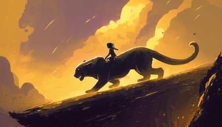 A child rides a panther in the mountains while yellow beams shine in the sky in the digital art style of an illustrated painting.の写真素材