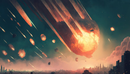 The sci-fi scene depicts meteorites exploding in the sky above a city.