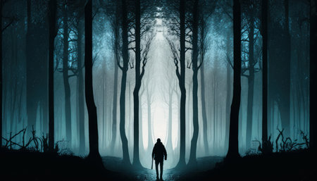 A dark forest with the silhouette of a lone man standing amidst the trees