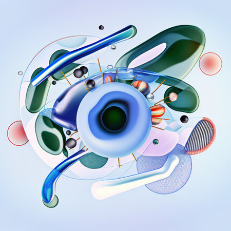 An abstraction filled with many objects, including a blue object and an eye-shaped object in the centerの写真素材