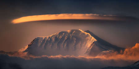 A mountain in the distance, with rolling clouds passing by and the sunrise illuminating the sceneの写真素材