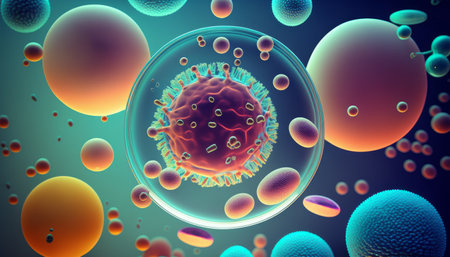 A macro shot of various types of microbes, including virus cells and bacteria, on an abstract backgroundの写真素材