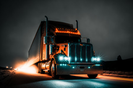 a large semi-trailer moves along the highway at night with its headlights on, generative aiの素材