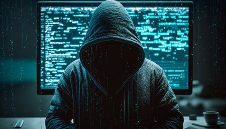 a man in a hood on the background of a computer screen with a code, generative aiの素材