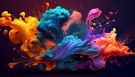 the colorful liquid art is being displayed against a black background, a red, blue, and yellow colored liquid coming out of the sprayの写真素材