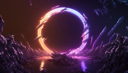 A mysterious space with a ring-shaped neon light in abstract flightの写真素材