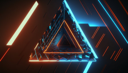 A neon laser light creates a visually appealing triangular shape that can be used as a background or wallpaperの写真素材