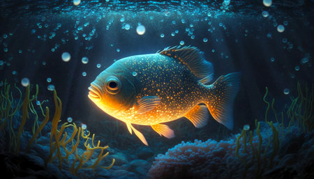 glowing fish in the water at night with bright light underneath and coral, generative aiの素材