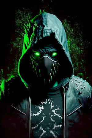 a man with green eyes and a mask with an evil expression, wearing a hood.の写真素材