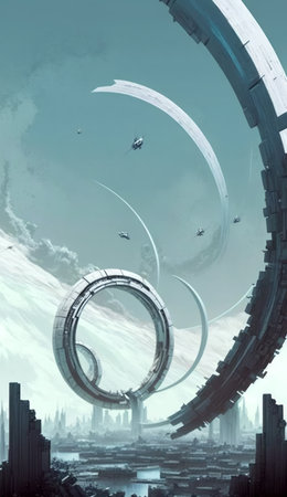 a sci fiction illustration of a giant space - timey structure surrounded by flying objects.の写真素材