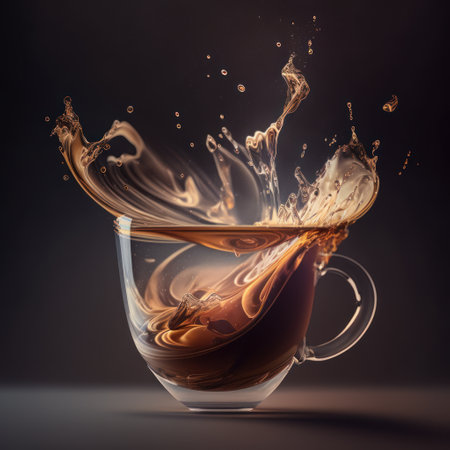 a realistic photographic close up of a floating transparent cup of coffee with liquid splashing in zero gravity with light rays refracting through the coffee.の写真素材