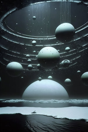 space scene with many different spheres in a chaotic compositionの写真素材