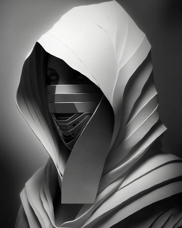 a black and white photo of a person wearing a hood made of paper pieces and a scarf.の写真素材
