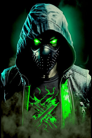 a man with green eyes and a mask with an evil expression, wearing a hood.の写真素材