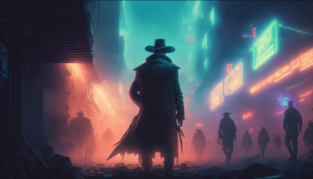 a cowboy gunslinger walking through the neon-lit streets and alleys of a futuristic Tokyo, shrouded in dense fogの写真素材