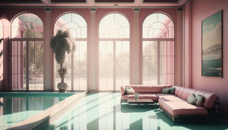 a sunlit indoor lounge area with a pool with clear water and another pool with translucent pastel pink water, next to a big window, generative aiの素材